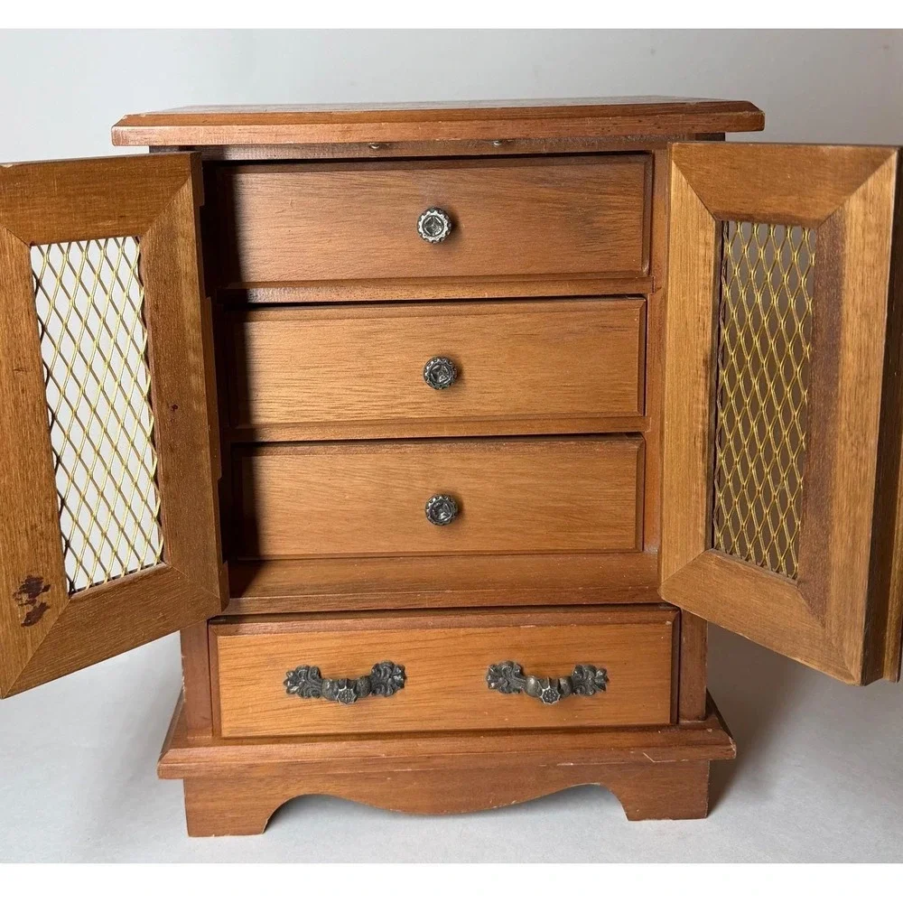 Vintage Music Jewelry Armoire Brown Wood Mesh Doors MCM Cottagecore‎ Grandmacore
